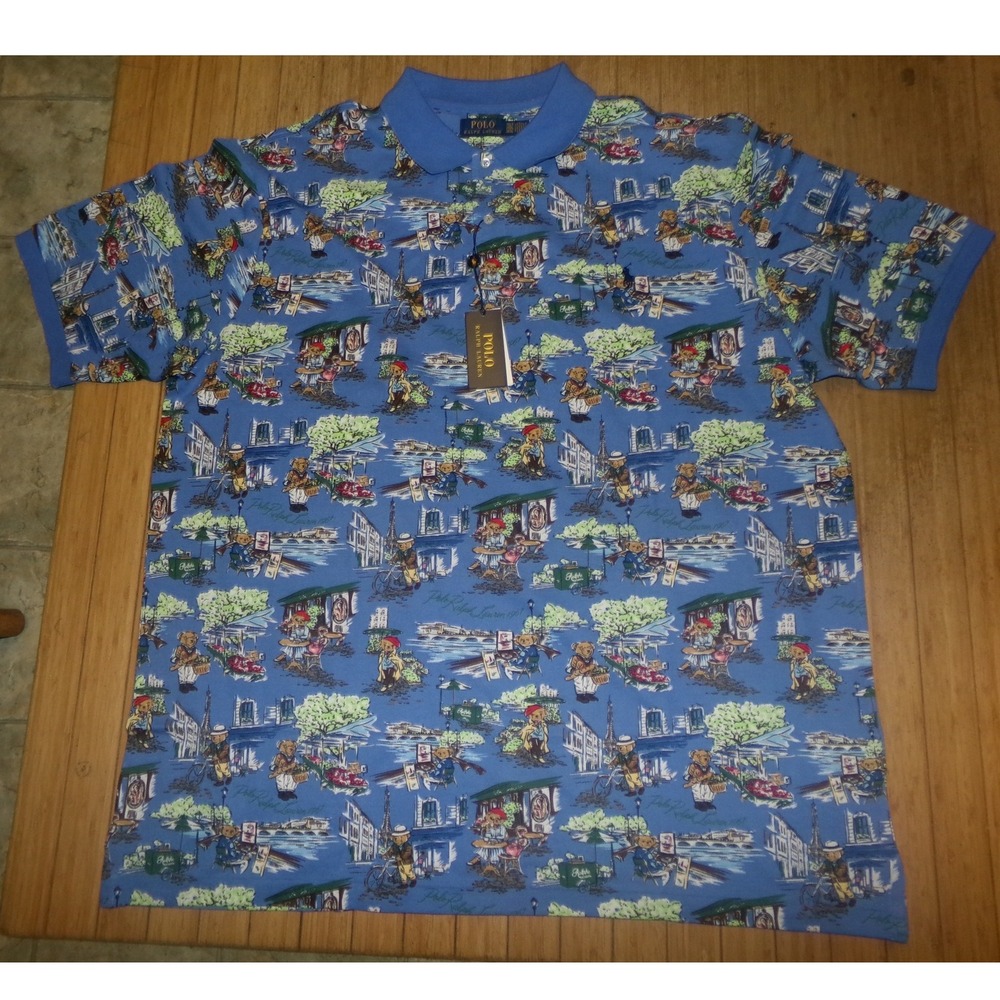 Polo Ralph Lauren Mens Paris Polo Bear Print Mesh Shirt Blue 3LT NWT